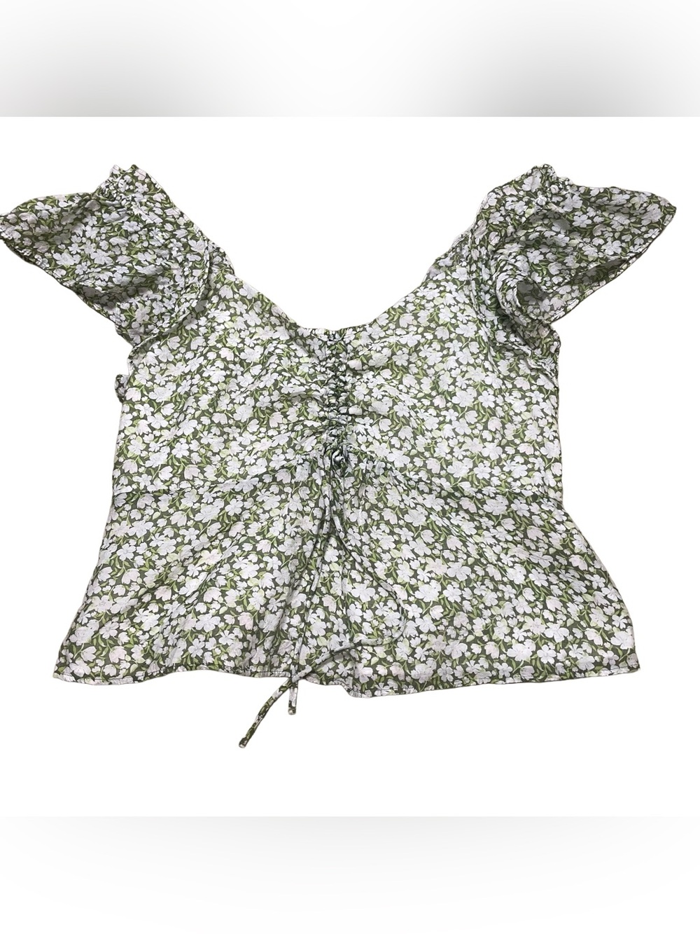 Floral Drawstring Babydoll Top - Olive & White
